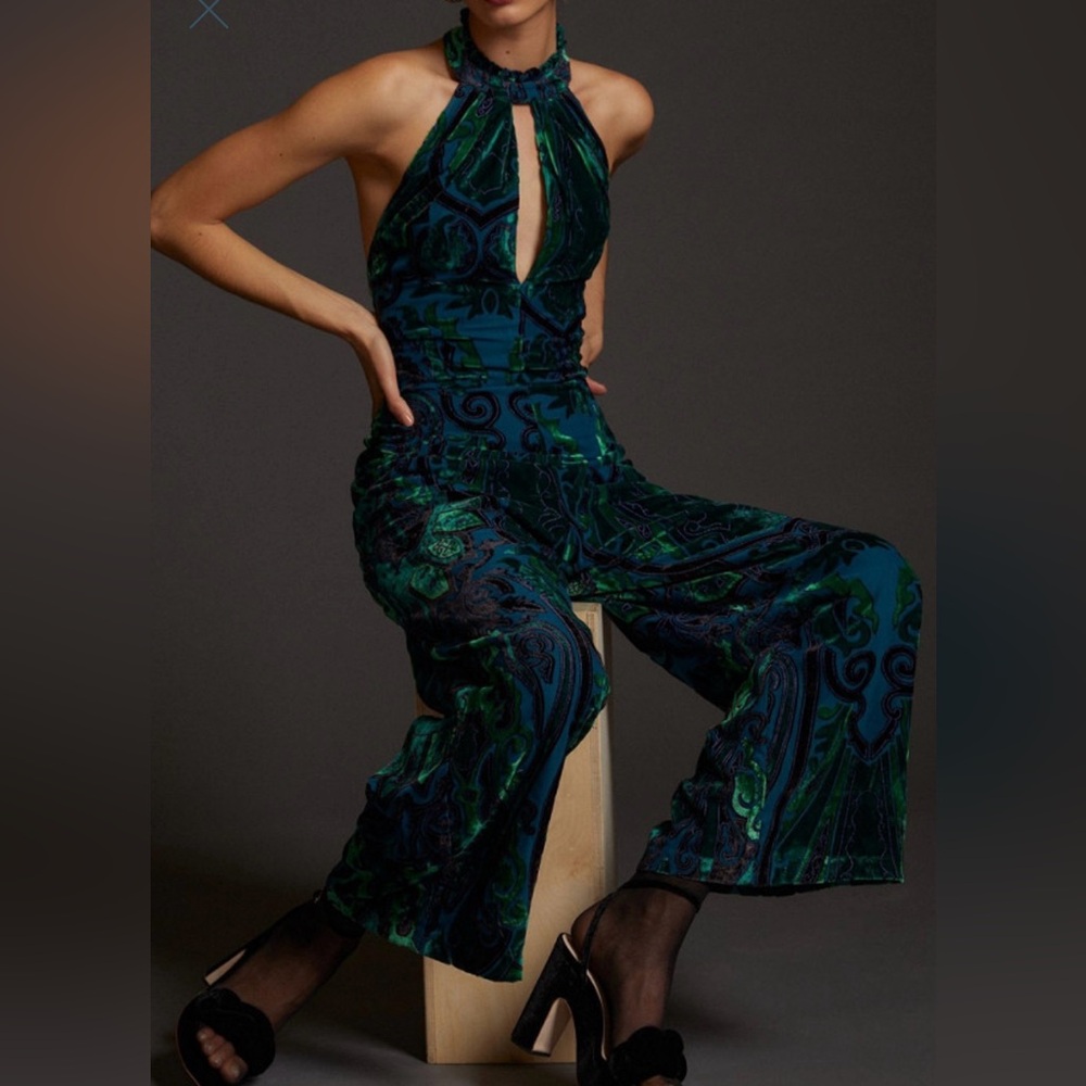 Stunning jewel tone Eva Franco velvet halter jumpsuit